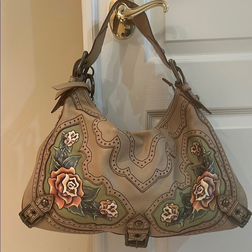 Isabella Fiore Tan and Green Hobo Bag with Floral Embellishments
